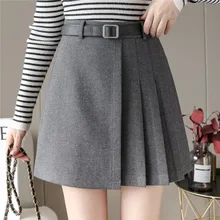 

Woolen Short Skirt Young Women New Autumn and Winter 2022 High Waist A-line Asymmetrical Pleated Skirt with Belt RXHBSQ730