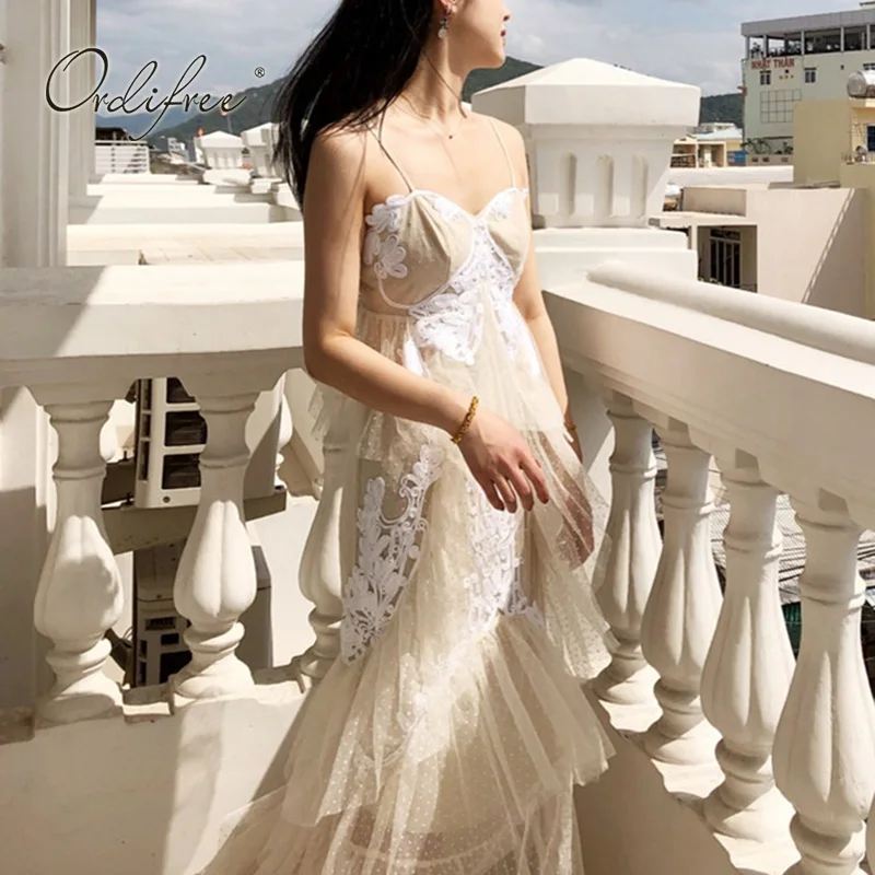 

Ordifree 2022 Summer Women Long Party Dress Spagehtti Strap Embroidery Polka Dot Ruffle Maxi Tulle Dress