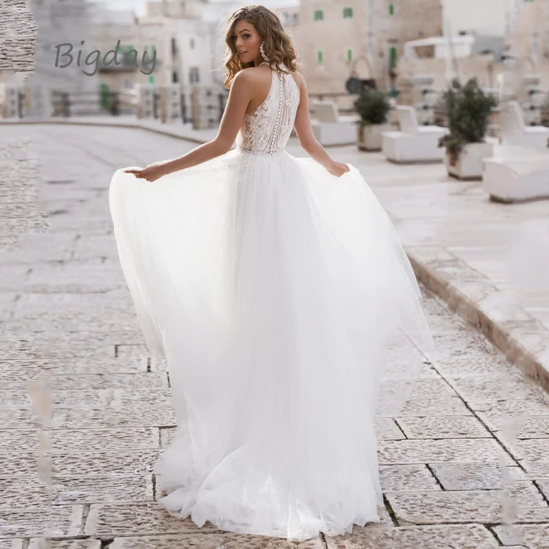 Elegant A-Line Wedding Dress For Women 2025 Halter Lace Applique Sleevless Bridal Gown Train Tulle Vestidos De Novia Customized 2