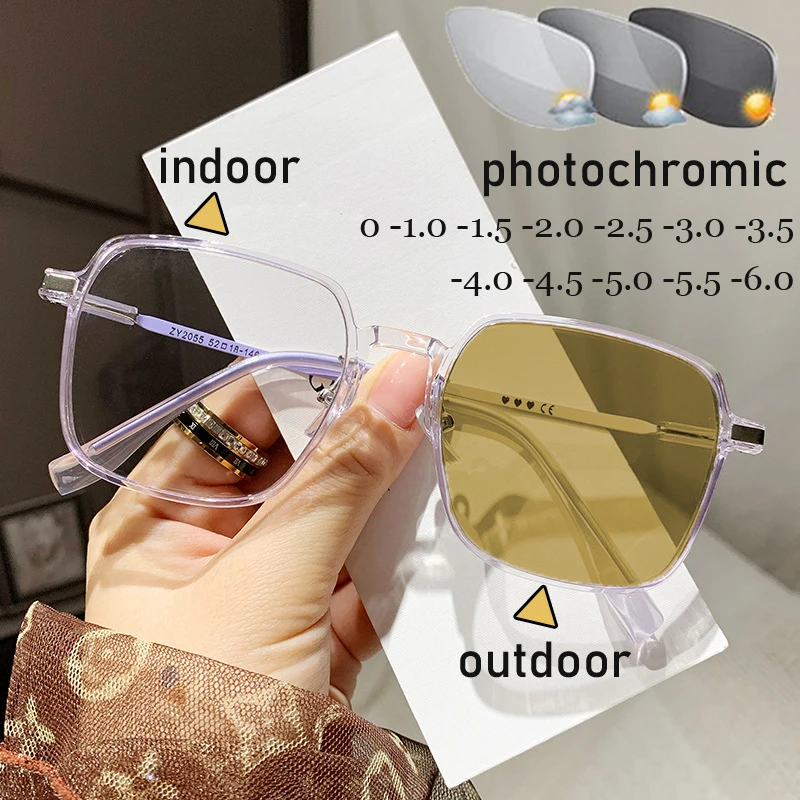 

Oversized Square Color Changing Myopia Glasses for Women Men Fashion Trend Outdoor Photochromic Minus Eyeglasses Diopter TO -6.0