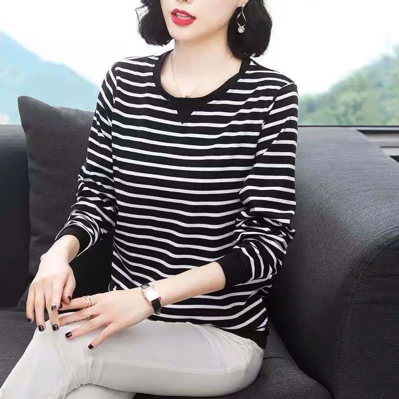 Fashion O-Neck Printing Loose Striped T-Shirt Women\'s Clothing 2022 Autumn New Casual Pullovers Tops Korean Oversized T-shirt