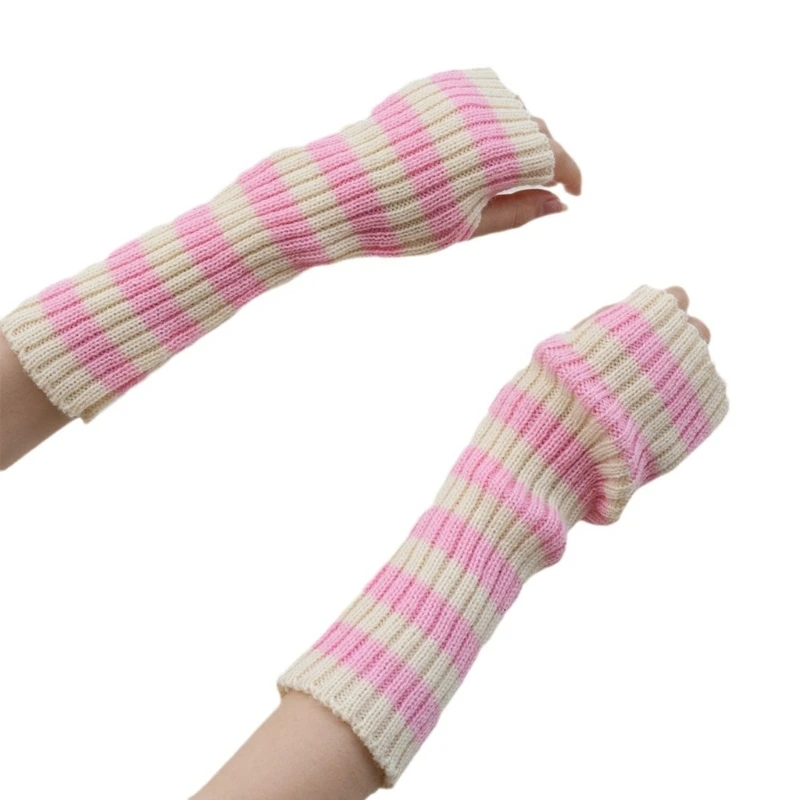 

Women Winter Fall Knitted Fingerless Gloves Harajuku Y2K Striped Arm Warmers Thumbhole Mittens Oversleeve JK Accessories