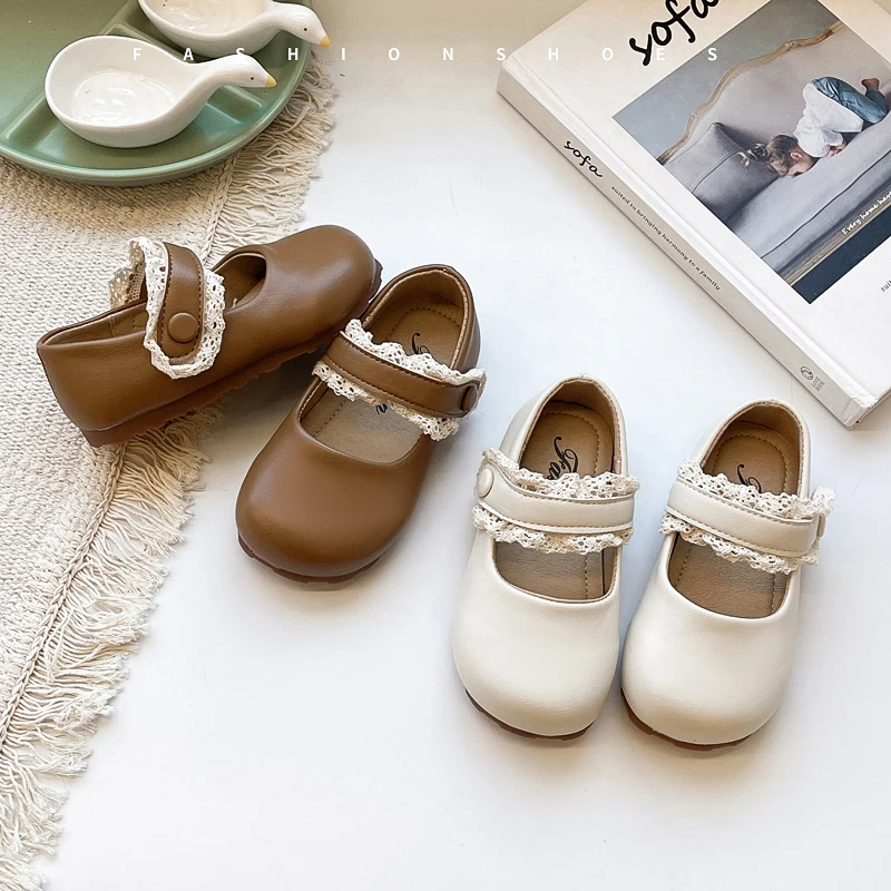 Baby Girls Leather Shoes for Party Wedding Soft Toddlers Kids Mary Janes with Lace Princess Sweet Children Flats Spring New
