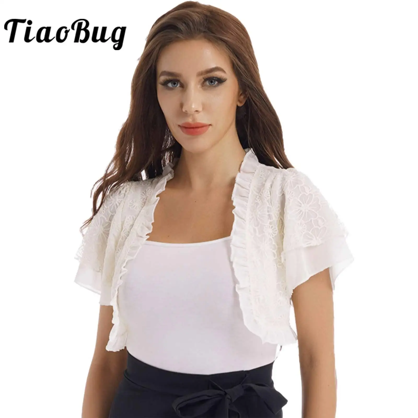 WomensFrillyFloralLaceCardiganShortSleeveBoleroWrapOpenFront