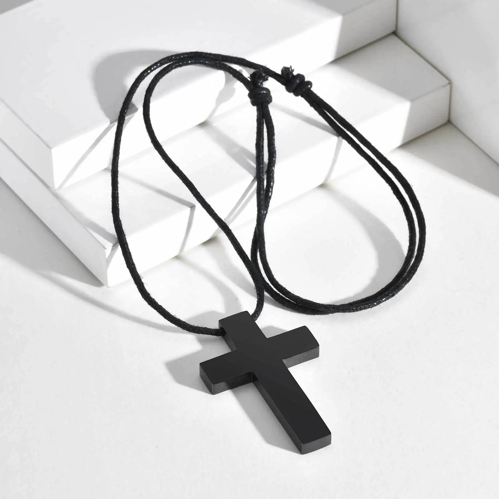 Big Cross Pendant Necklaces for Men, Stainless Steel Cross Pendant with Black Matte Wax Rope,Long Necklace