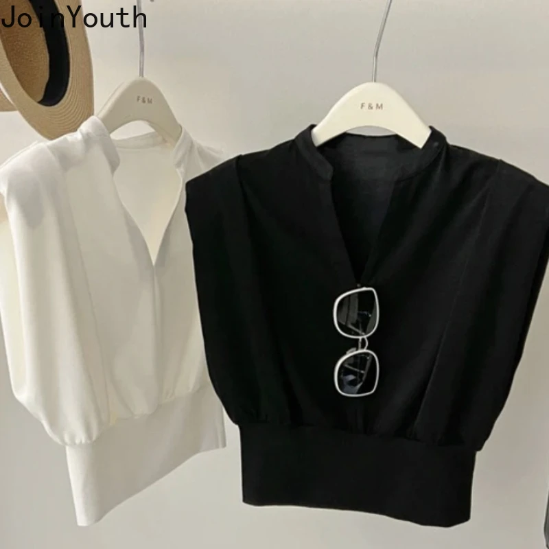 T Shirts for Women Crop Tops Flying Sleeve V-neck Tees Fashion Summer Camisetas Casual Loose White T-shirts 2025 Ropa Mujer - 3