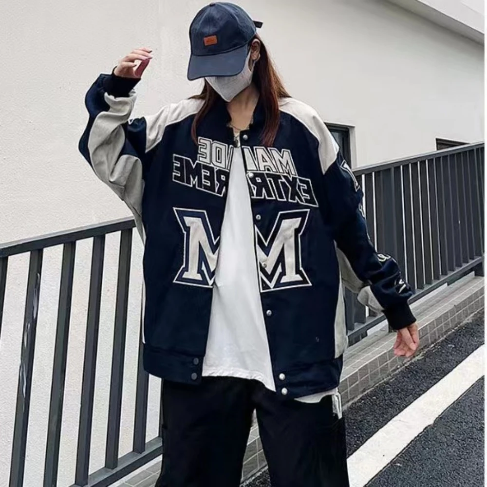 

Moto American Retro Style Women Embroidery Full Sleeves Autumn Stand Collar Printed Mulicolor Jacket Baseball Uniform Oversized