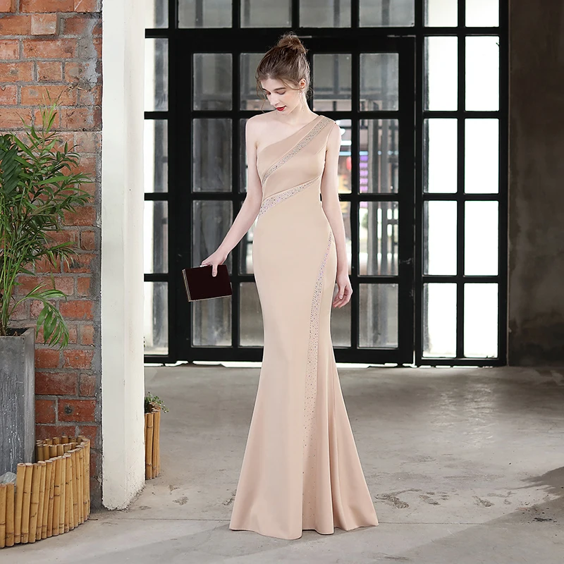 

DongCMY Luxury Long One-shoulder Thank You Dinner Slim-fit Fishtail Red Wedding Evening Dress