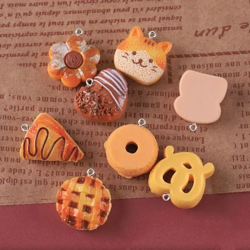 10개 귀여운 레진 펜던트 시뮬레이션 음식 빵 케이크 도넛 토스트 고양이 곰 참 DIY 키체인 쥬얼리 액세서리용