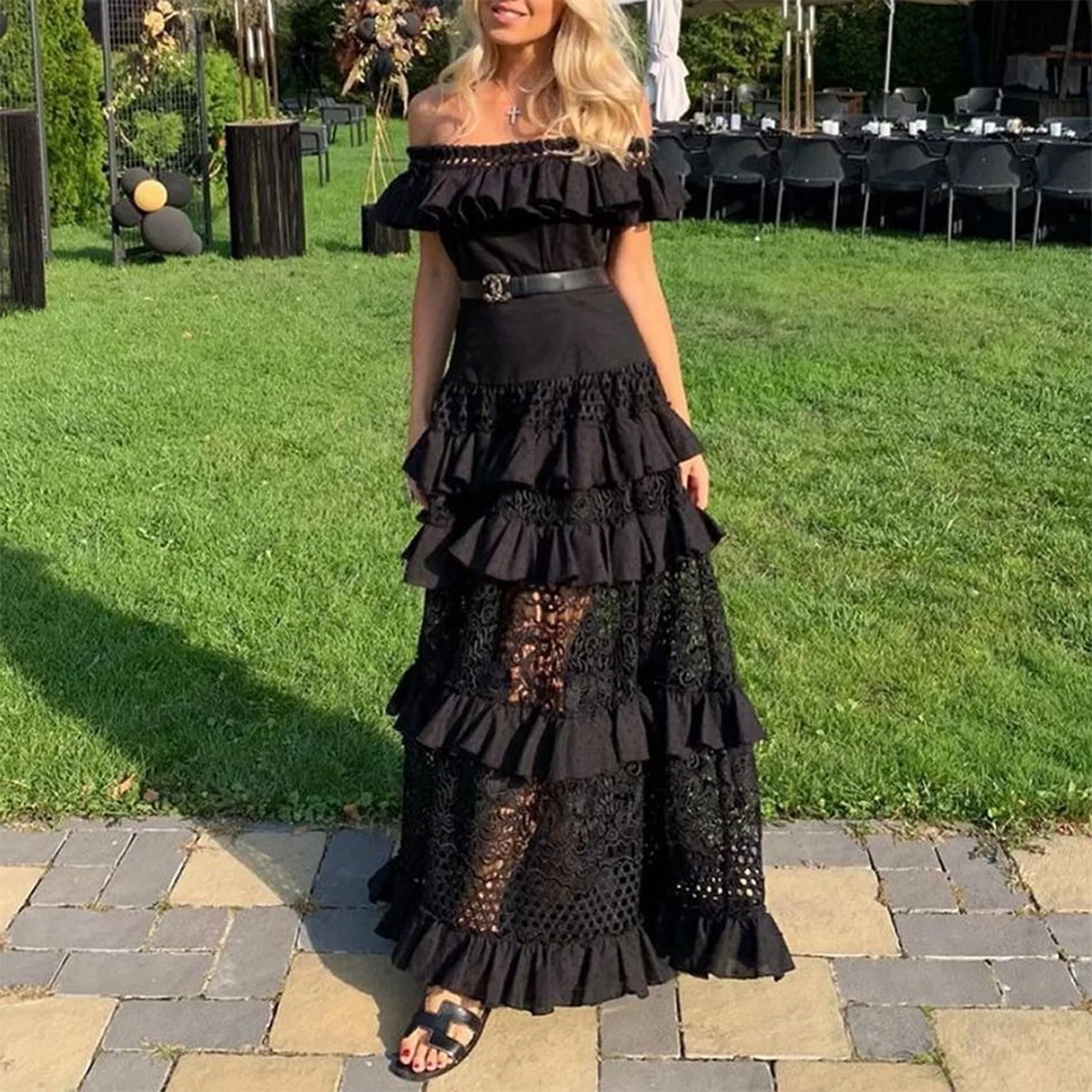 

Women's Elegant Clothing Straight Shoulder Flounce Lace Hollow Out Large Skirt Hem Elastic Waist Party Long Dress セクシー ミニドレス
