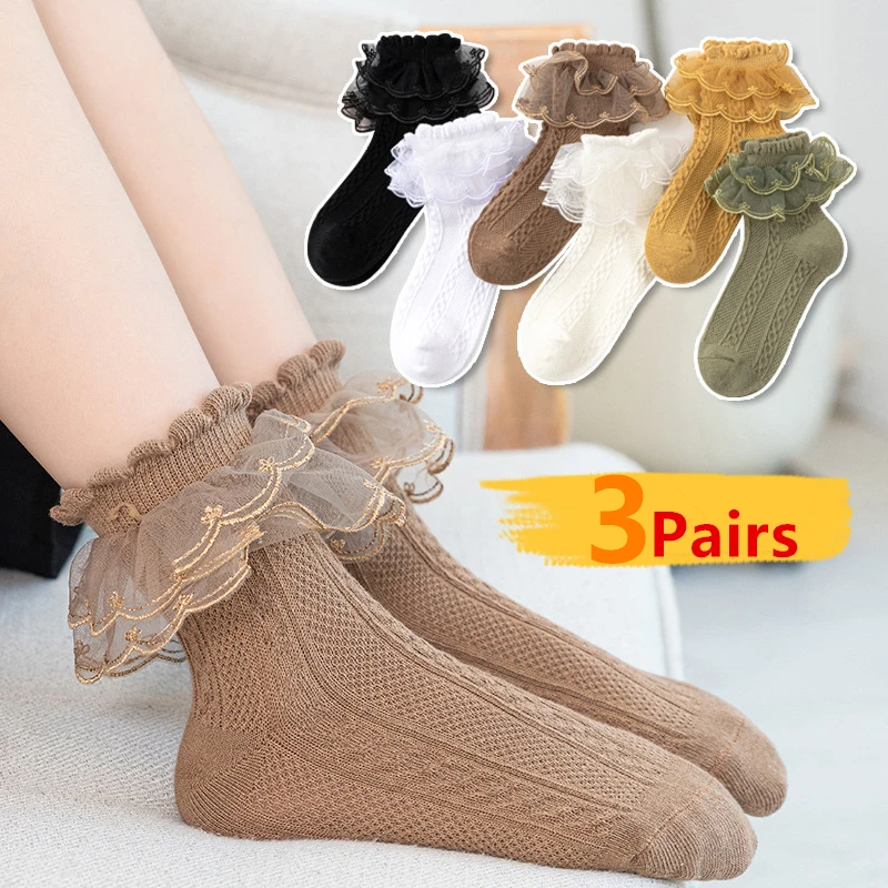 

3 Pairs Girls Flower Socks Summer Cotton Children Short Dance Sock Thin Mesh White Ruffle Frilly Gilrs Princess Socken