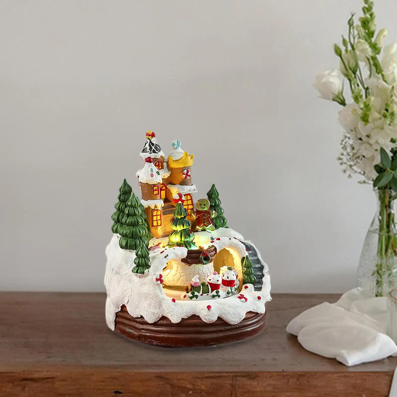 Christmas House Music Box Toy with Rotating Train Xmas Gifts Tabletop Ornament for Bedroom Holiday New Year Bookshelf Indoor