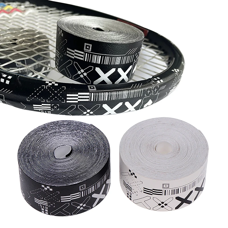 Racket Grip Tape Tennis Racket Tape 1Roll 500CM Black White Print Tennis Racket Paddle Head Protection Tape PU Stickers For Beach Pickleball Racket Sport Parts