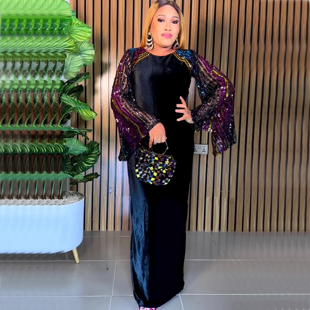 

African Dresses For Women 2023 Plus Size Evening Party Long Maxi Dress Africa Clothing Elegant Kaftan Muslim Sequin Dress