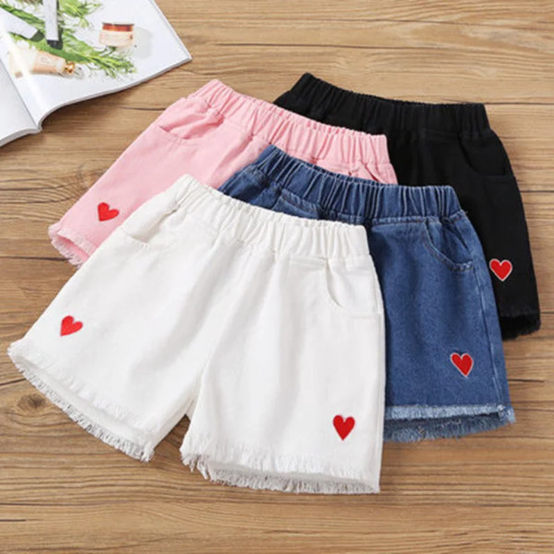 High Waist Girl Denim Short Pants Soft Jeans Kids White Wide Leg Burrs Embroidery Summer Shorts Toddler Cotton Casual Gym | Детская