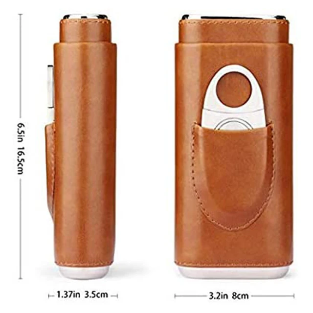 Three-Finger Portable Cigar Humidor Brown and Black Two Choices Cowhide Material Leather Case with Silver Cigar Cutter 4