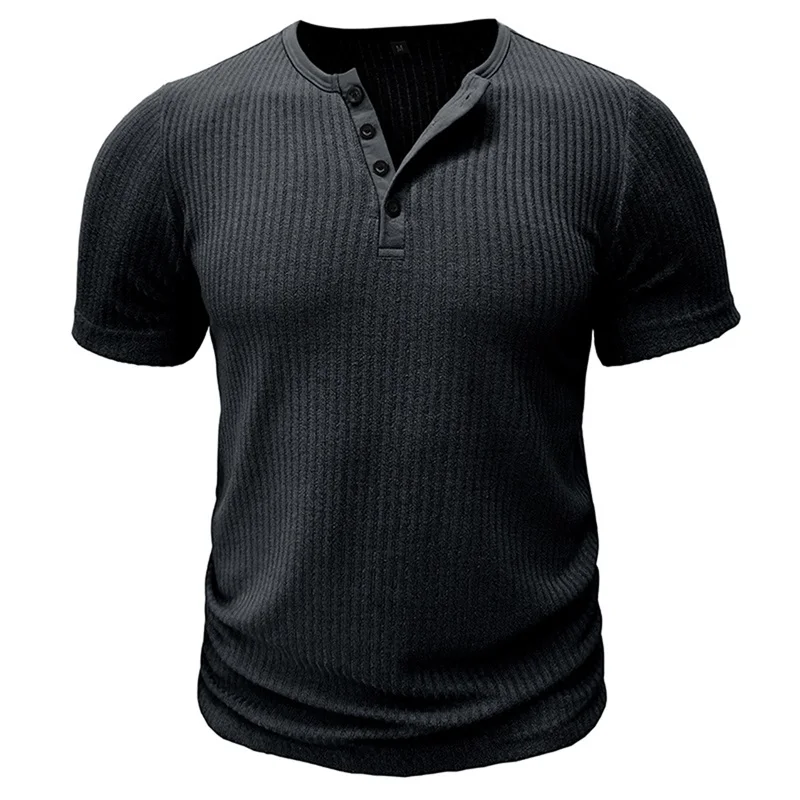 Men s Solid Color Ribbed Muscle Henley Shirt Short Sleeve T-Shirt for Workout Training Fitness Gym Tops Casual Wear 3