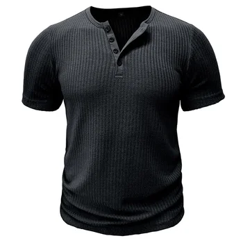 Men s Solid Color Ribbed Muscle Henley Shirt Short Sleeve T-Shirt for Workout Training Fitness Gym Tops Casual Wear 3