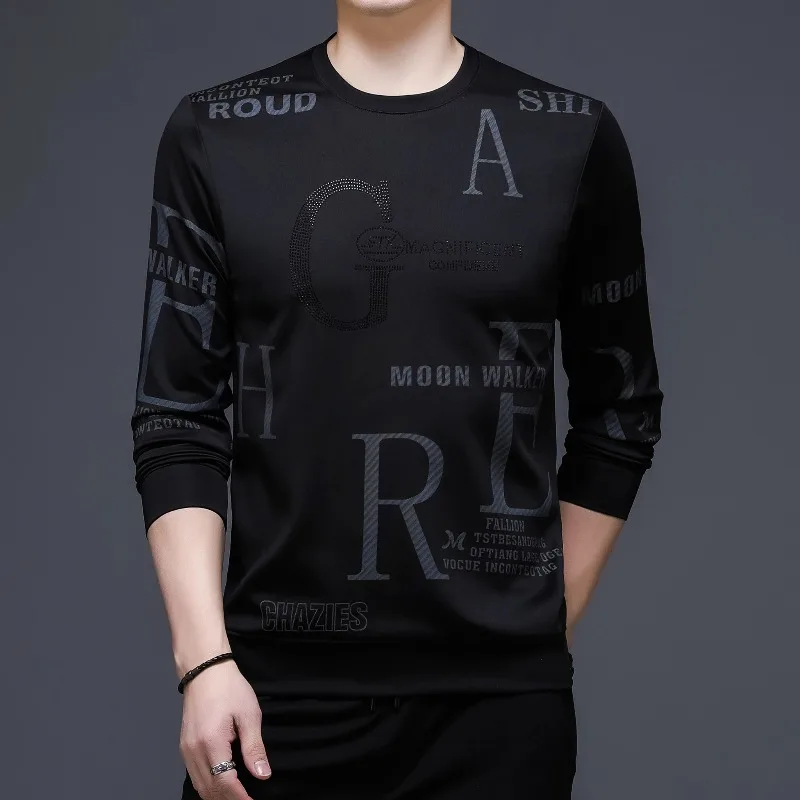 Spring Autumn Men's Round Neck Pullover Rhinestone Solid Gradient Letter Printed Long Sleeve Hoodies T-shirt Fashion Casual Tops