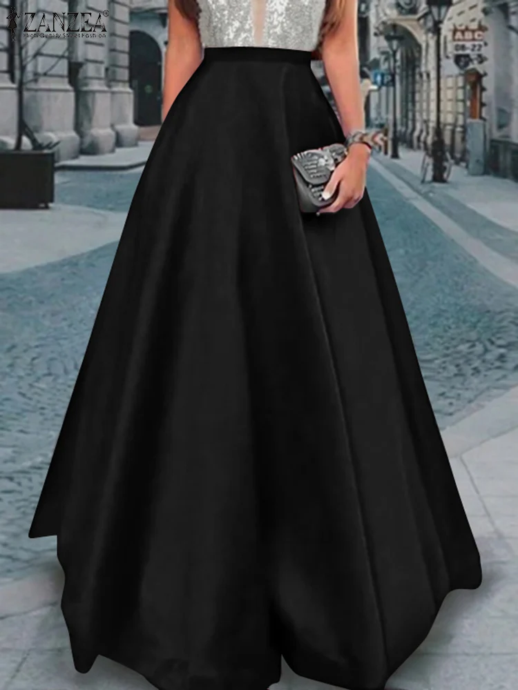 2025 ZANZEA Fashion Elegant Party Skirts Spring Summer Satin Skirt Women High Waist A-line Work Vestidos Jupe Solid Faldas Saia 1