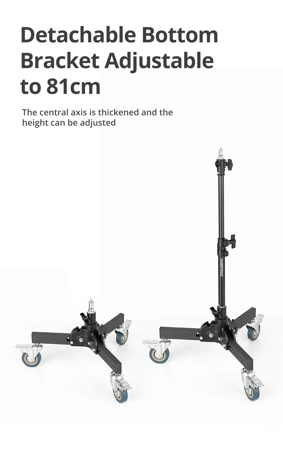 AMBITFUL 93–147 cm Hochleistungs-Lichtstativ für Studio, 61–81 cm Räder, Stativ, 20 kg maximale Belastung, Studio-Stehleuchte – Detail 5