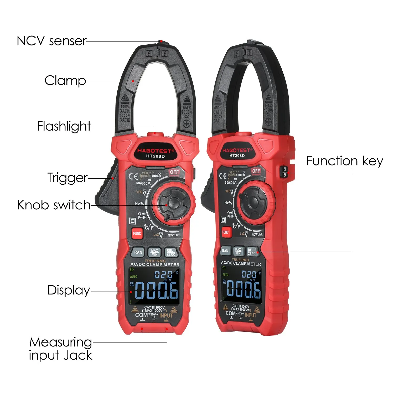 HABOTEST HT208D AC/DC Digital Clamp Meter True-RMS Multimeter Anto-Ranging Tester Current Clamp with Amp Volt Ohm Diode digital multimeter clamp meter