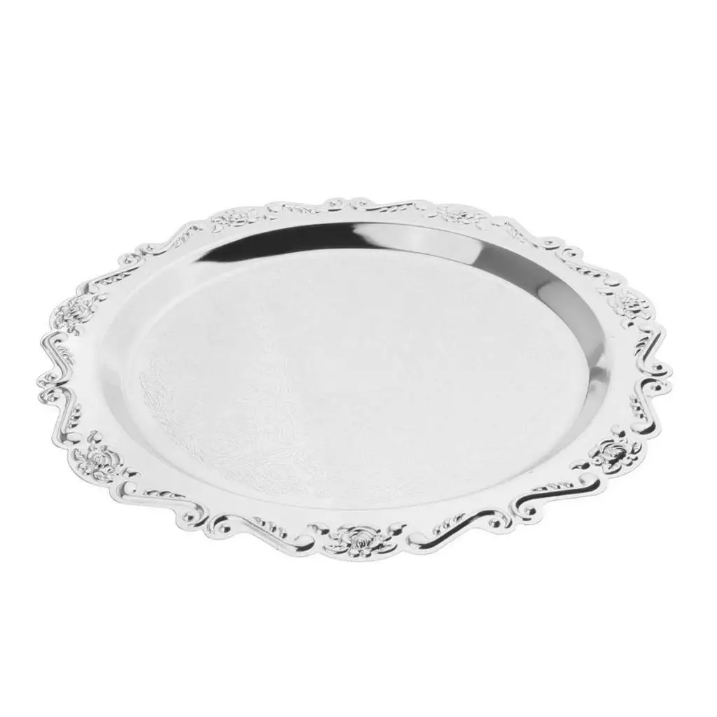 Description Picture 6 of itemSilver Round Metal Fruit Dish Pastry Plate Tea Dessert Serving Tray 25cm