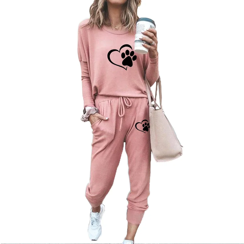 Fashion Women's Tracksuits Love Heart Printed Hoodie + Pants 2 Piece Set Spring Autumn Casual Streetwear Female Suit