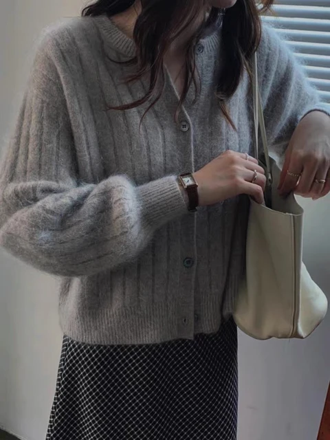 Cárdigan de otoño para mujer, suéter de cachemira pura 100%, abrigo de suéter ceroso suave de punto grueso de alta gama.