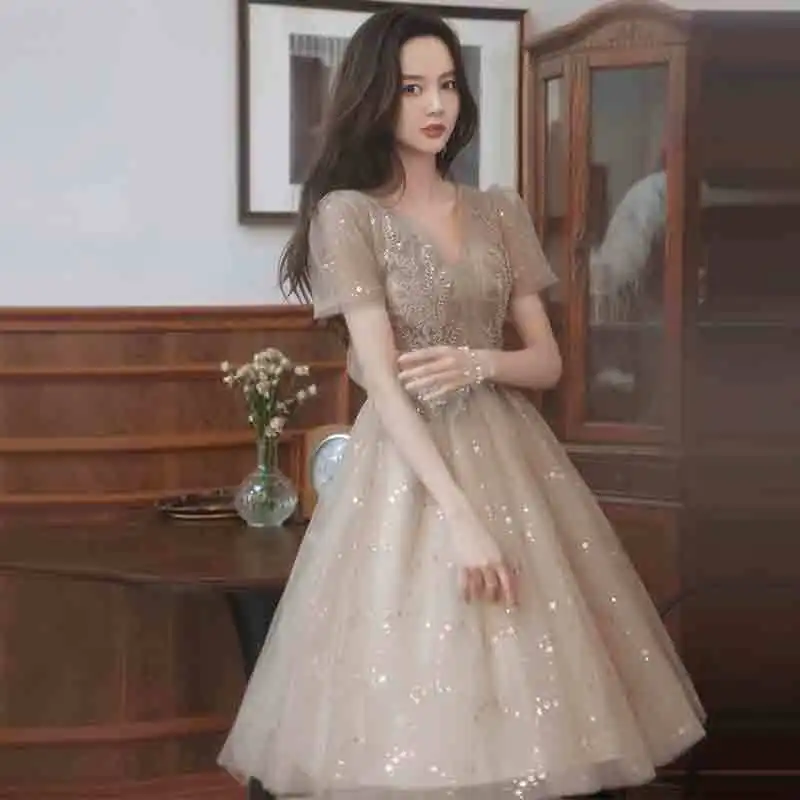 New short khaki sequined lady girl women princess banquet party performance bridesmaid dress performance gown