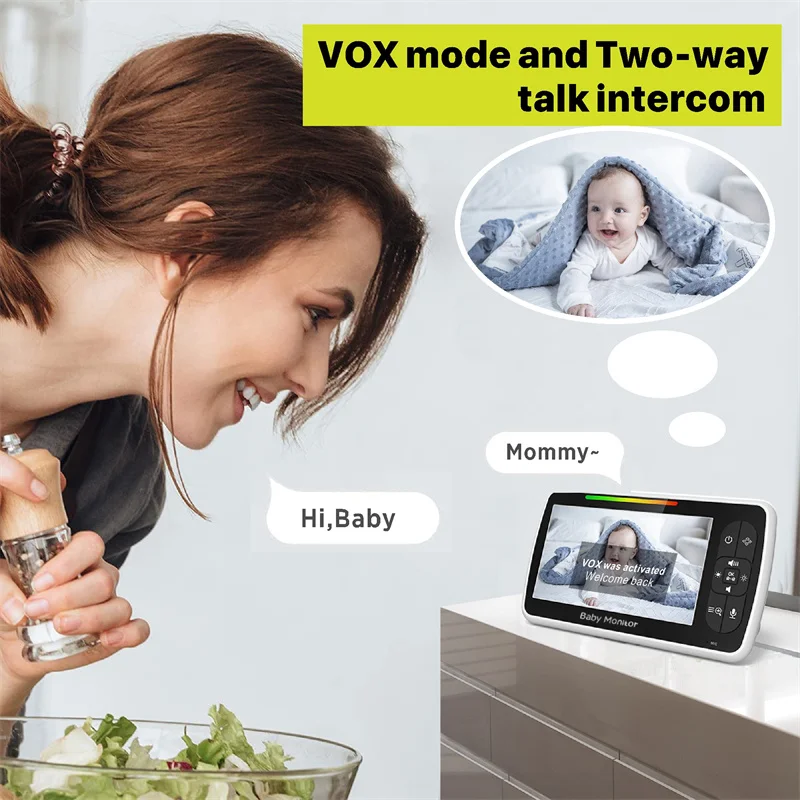 Babyster 5Inch Video Babyfoon Met Afstandsbediening Pan-Tilt-Zoom Camera En Audio. Tweerichtingsgesprekken Vox-Modus Slaapliedjes Babytelefoon
