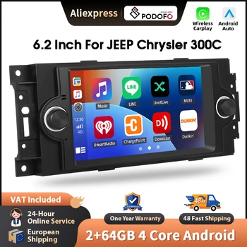 Autoradio Podofo de 6,2 pulgadas para coche JEEP Chrysler 300C, CarPlay inalámbrico, estéreo multimedia para coche Android, WIFI, navegación GPS, FM/RDS BT, unidad principal 2din, HD EQ, pantalla táctil, Mirrorlink, Wifi, Multimedia, estéreo, USB 1