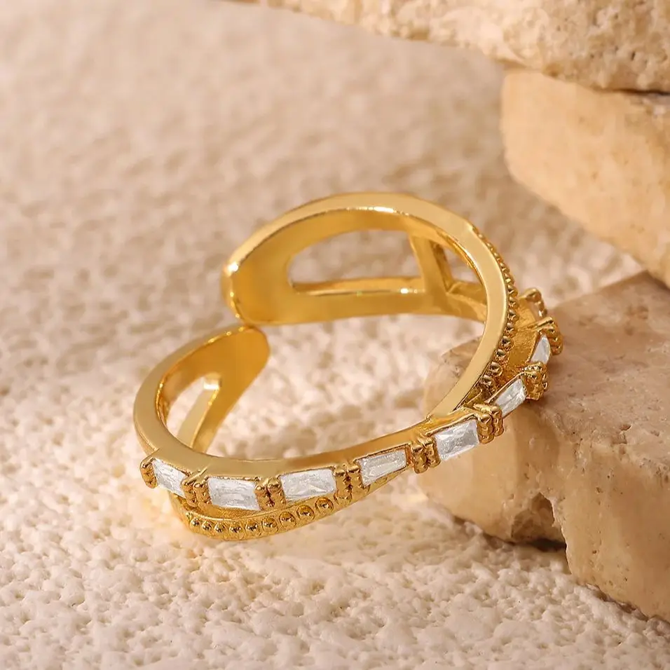 Luxury Zircon Cross Rings Gold Color Stainless Steel Sparkling Adjustable Ring