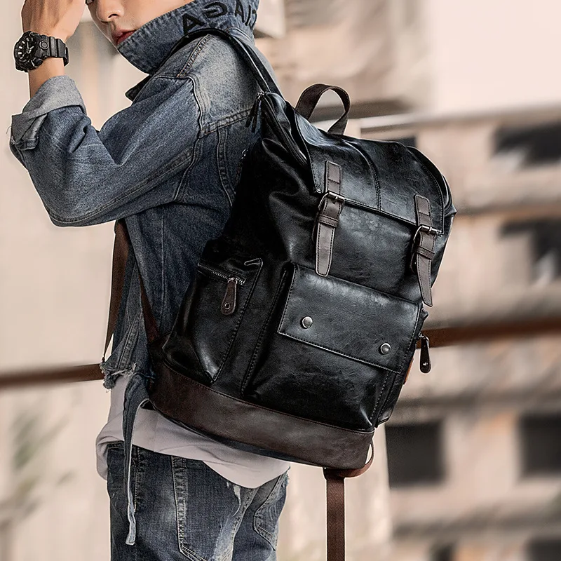 Mens Backpack Men Pu Leather Backpack Men's Large Antitheft Travel Backpack Laptop Bag Black Bagpack Boy Big School Male Business Shoulder Bag