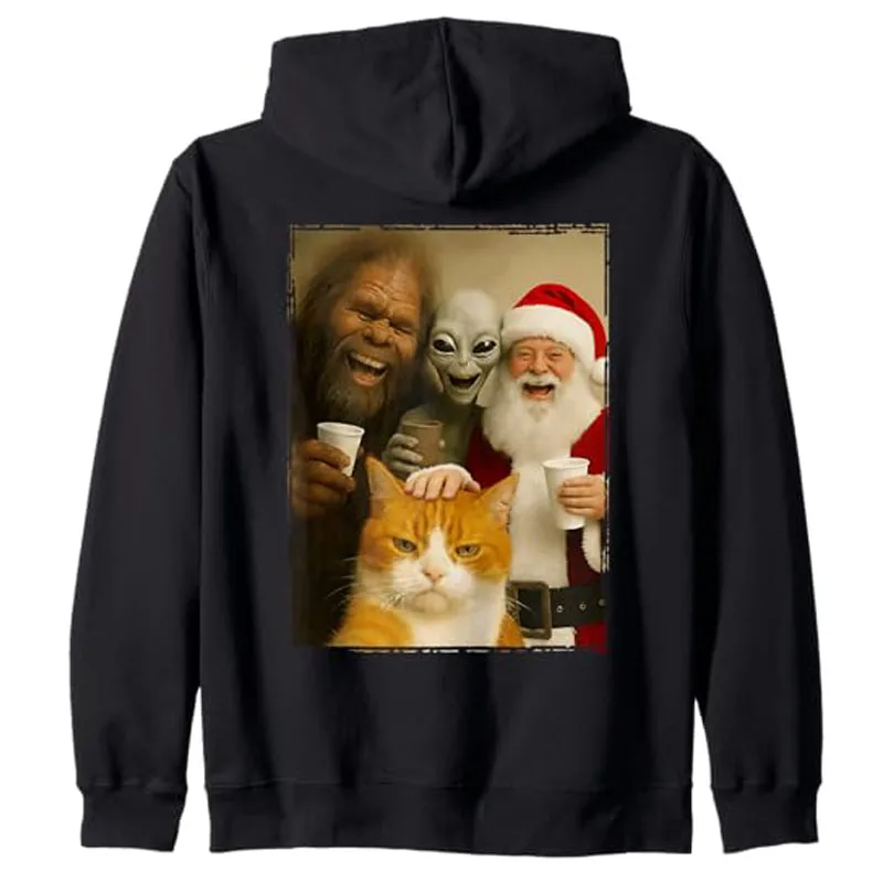 Katzen-Selfie mit Bigfoot, Alien und Weihnachtsmann, lustigem Weihnachtspullower-Hoodie, Y2K-Feiertagskostüm, Neuheitsgeschenk, Weihnachts-Kapuzenpullover