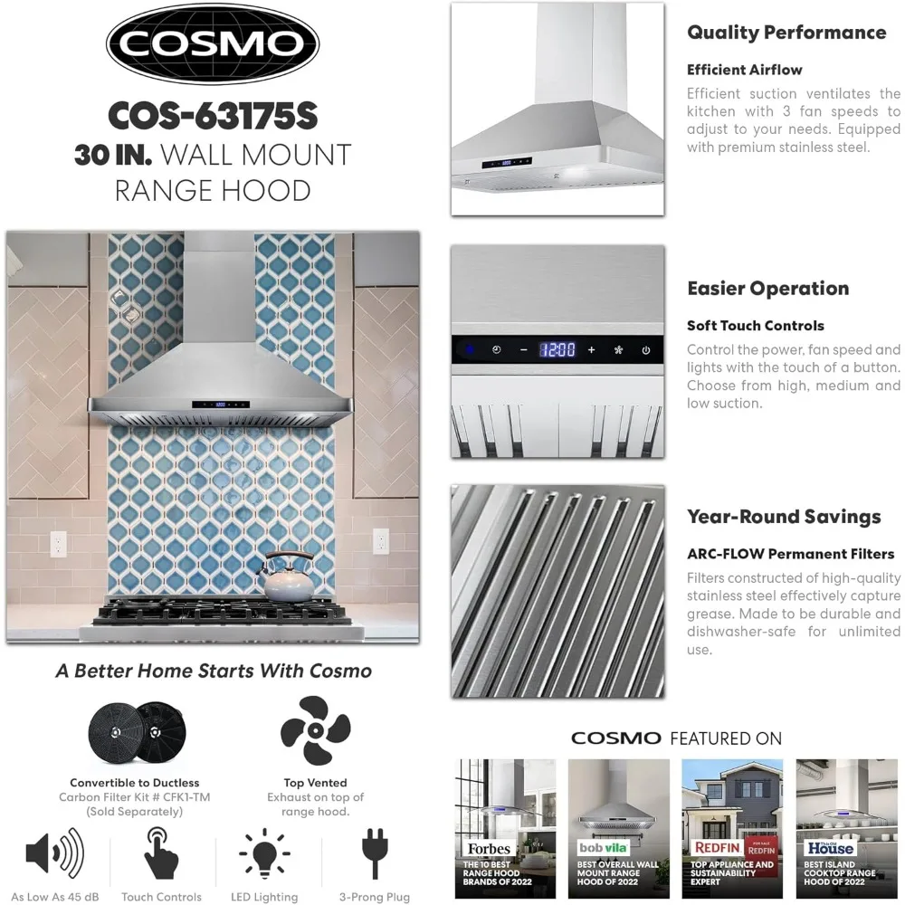 Wall Mount Range Hood with Ducted Convertible Ductless (No Kit Included), Ceiling Chimney-Style Stove Vent, LEDs Light 3