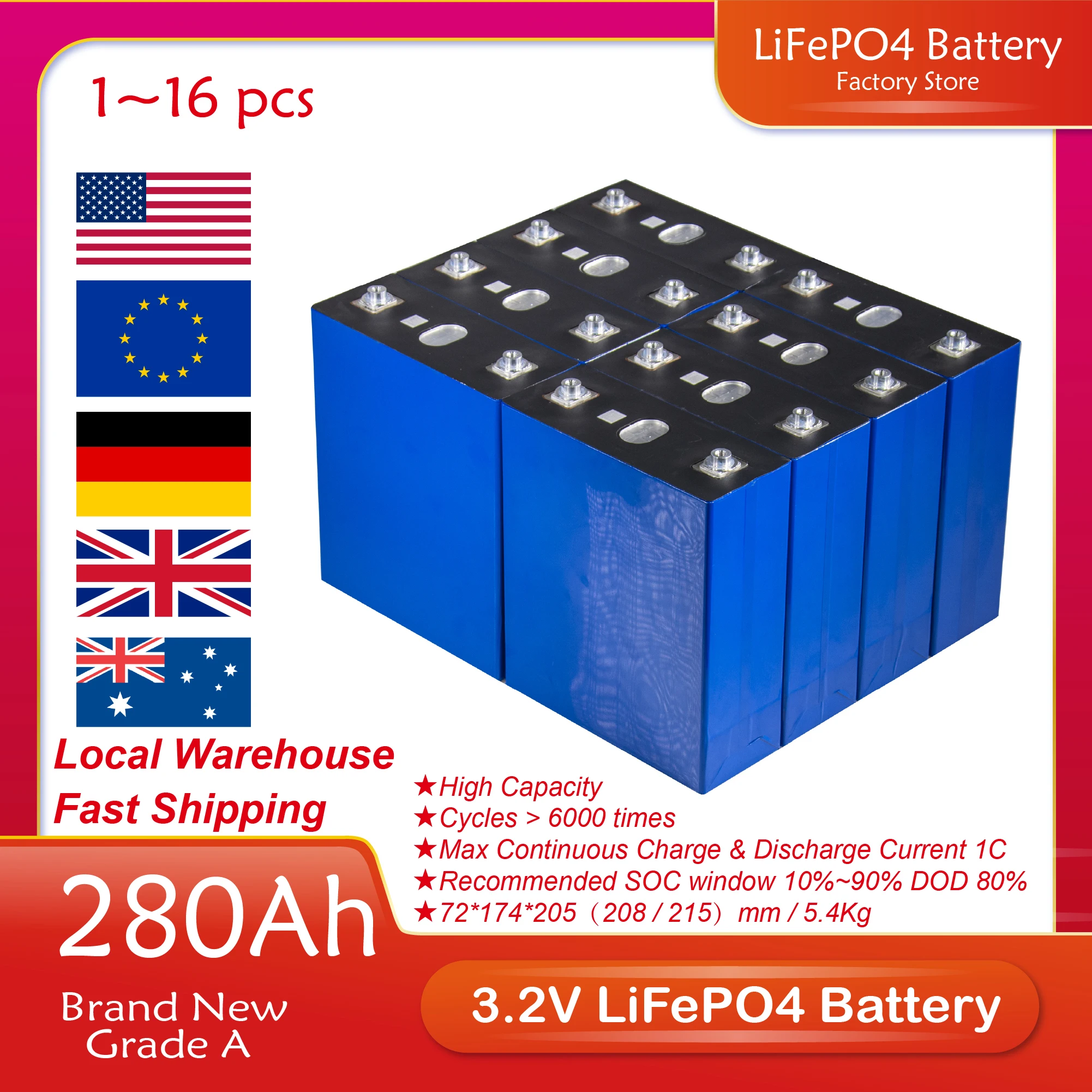 

3.2V 280Ah Lifepo4 Battery Brand New Grade A DIY 12V 24V 48V Rechargeable Battery Pack