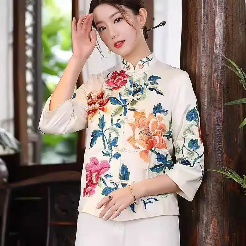 Blouse Eleganti Loose Female Shirt Autumn Ethnic Style Tang Suit Coat Vintage Harajuku Embroidery Chinese Tops Women