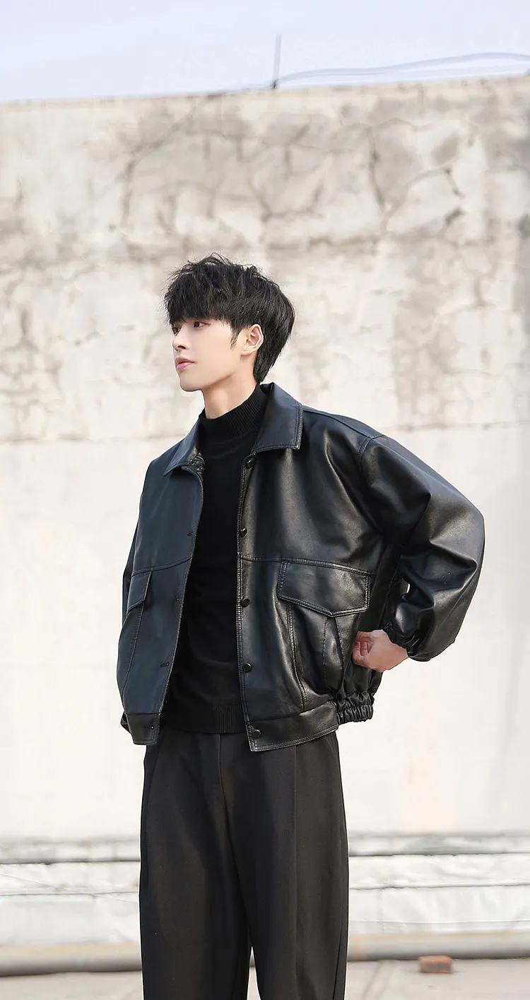 2023PU Leather Jacket Men Black Soft Leather Jacket Motorcycle Biker Fashion Leather Coa Male Bomber Jacket_voghion.com