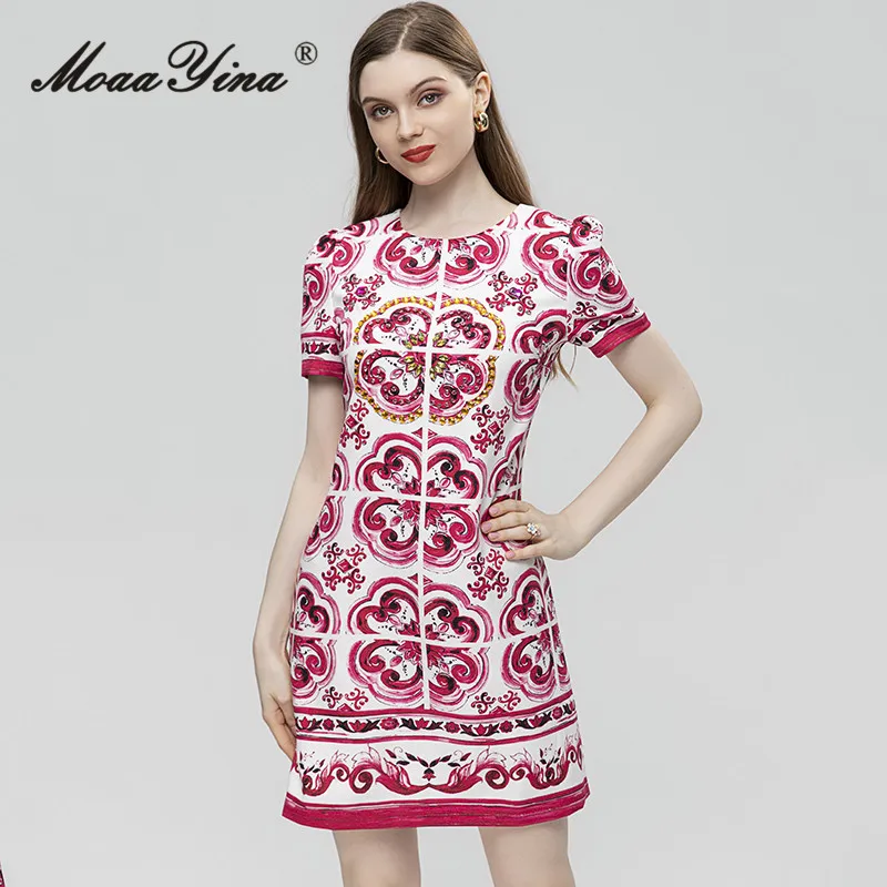 

MoaaYina Summer Fashion Runway Vintage Loose Dress Women's O-Neck Short Sleeve Beading Diamond Print Buttock Covering Mini Dress