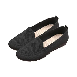 Women Sneakers Vintage Canvas Slip On Loafer Comfortable Lightweight Knit Walking Running Breathable Black Round Toe Flat Shoes