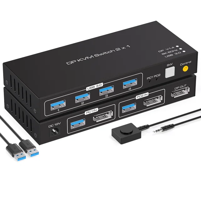 2x1 DP KVM USB переключатель с двумя портами DisplayPort KVM переключатель 4K 120Hz 8K 60Hz 2 in 1 out для 2 компьютеров 1 монитор DC 12V 1A 1