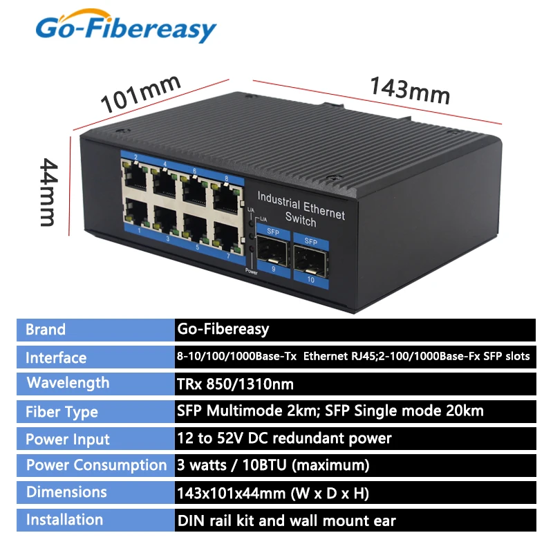 Gigabit Industrial PoE Switch 8Port L2+ Managed Support IEEE802.1ad Q-in-Q VLAN Stacking Robust IP40 Aluminum Ethernet Switch