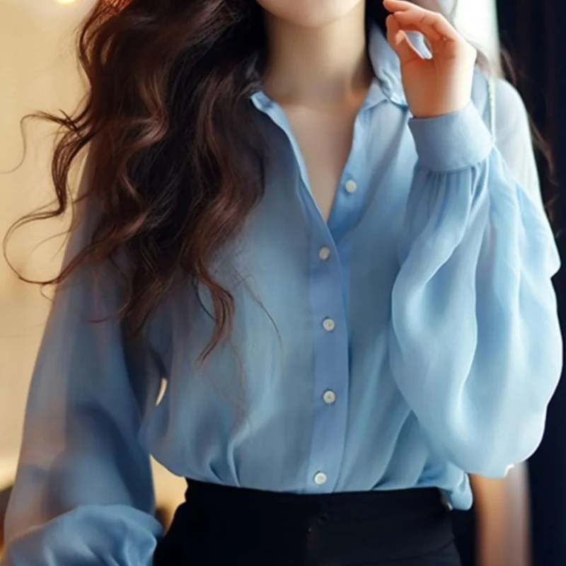 

2024 Spring New Flattering Fashion Solid Color Blouses Polo-Neck Single-breasted Ruched Long Sleeve Slim Commute Women's Shirts