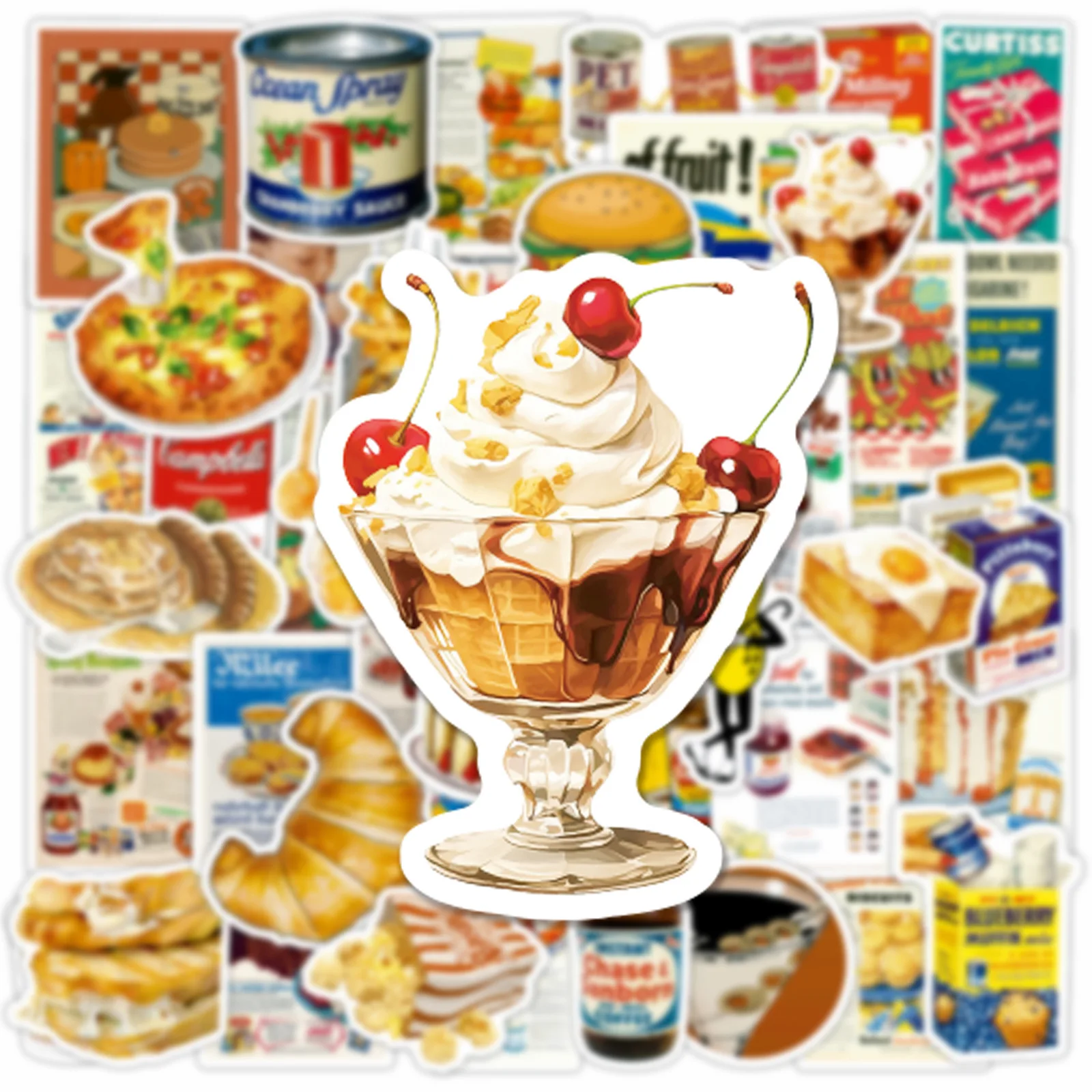 50Pcs 귀여운 복고풍 음식 인 스타일 포스터 스티커 DIY 전화 노트북 수하물 스케이트 보드 낙서 데칼 아이 선물에 재미