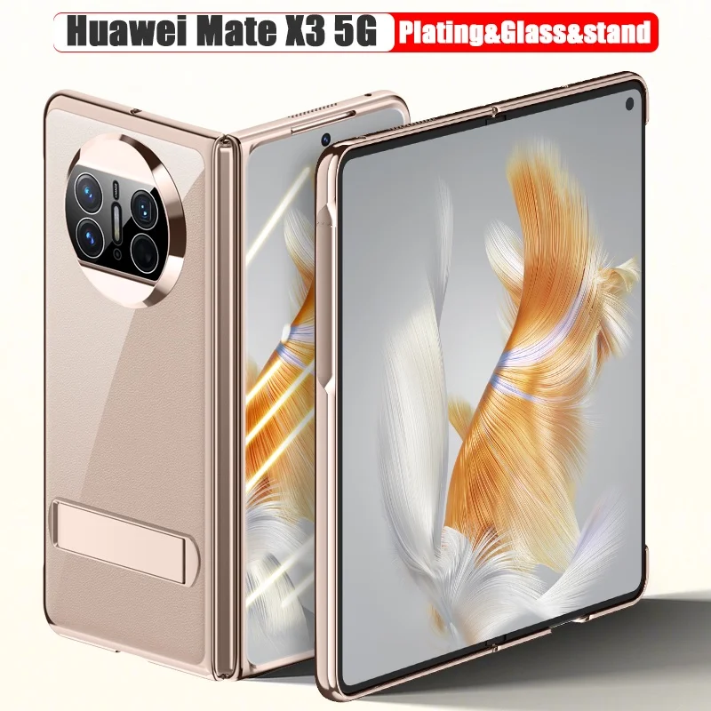 Electroplated Transparent Case for Huawei Mate X3 Ultra Thin Hybrid Hard Plastic Cover with Kickstand and Tempered Glass
