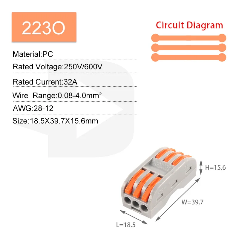 Conector empalme rapido 2 cables 32A 1000v 4mm Tipo Wago PCT-212