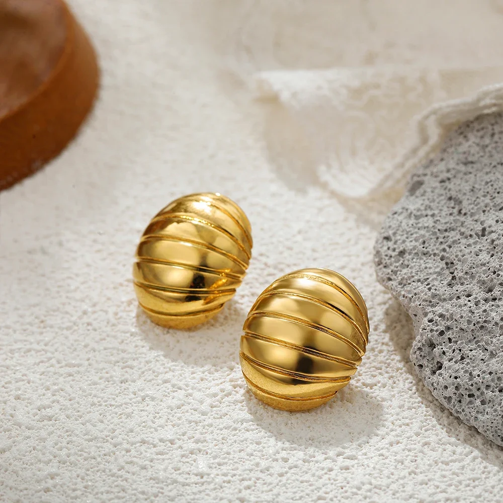 Statement Dome Striped Stud Earrings for Women Chunky Oval Geometric Stainless Steel Earring Party Gifts Hiphop Jewelry Bijoux