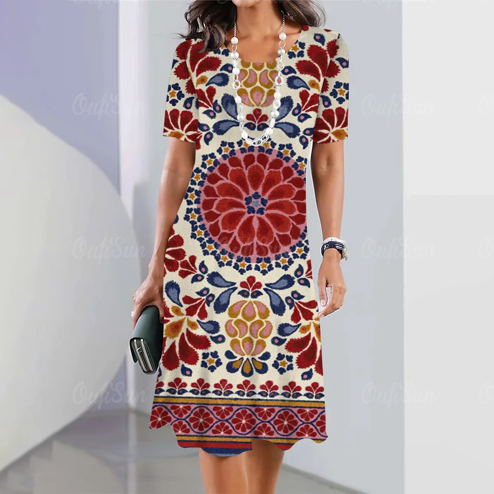 New Women's Dresses, Retro Printed Pattern Elements, Elegant Casual Short Sleeve Dresses Y2k Fashion Plus Size Women's Dresses