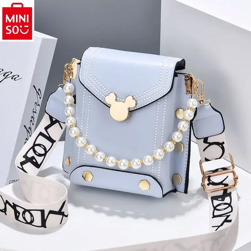 MINISO Disney Mickey Sweet Lock Buckle Fashion Pearl Pendant Phone Bag Women's Multi functional Storage Small Square Bag